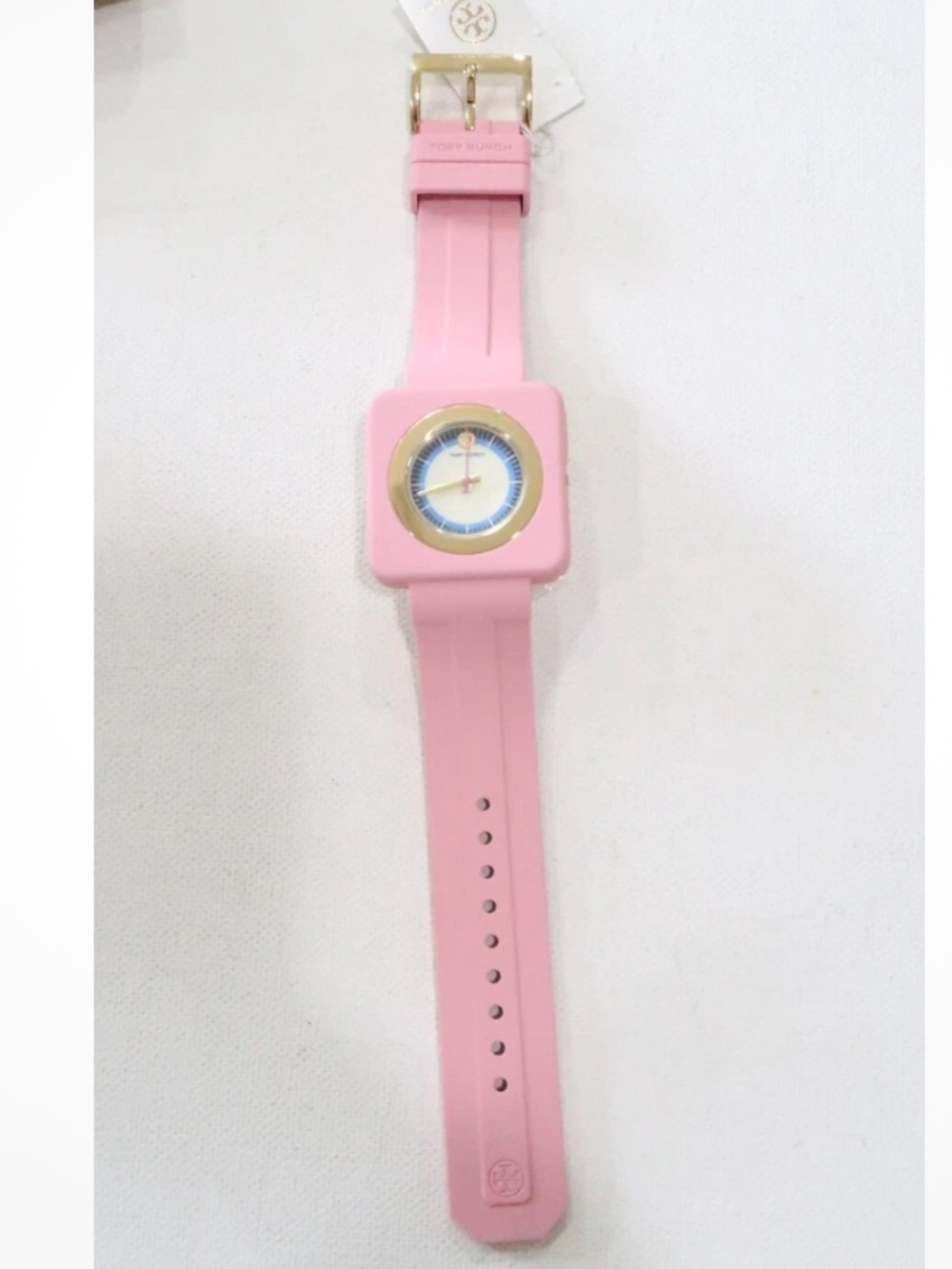 Tory Burch Izzie Watch Pink Silicone Square Watch with Gold Bezel 36 mm - Picture 2 of 15